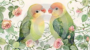 Tender Lovebirds Surrounded by Roses and Vines Illustration