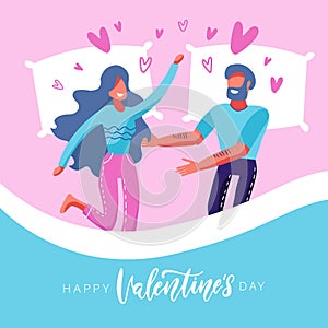 Tender Lovers in Bed Valentine morning Embrace. Happy Valentine`s day greeting card with hugging man and woman couple in