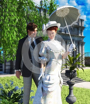 Tender lovers out for a walk, young couple, man and woman in Edwardian Victorian stylish costumes photo