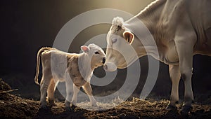 Tender moment between a cow and calf in a golden light, farm animals, peaceful rural scene. AI