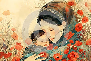 A tender moment between mother and child, enveloped in a vibrant floral ambiance