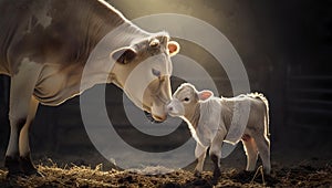Tender moment between a mother cow and her calf in golden light. farm animals showcasing maternal affection. perfect for