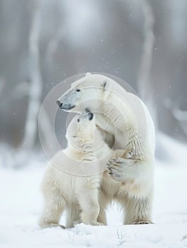 A tender moment between a polar bear mother and her cub, both covered in snow, depicting affection in the wild