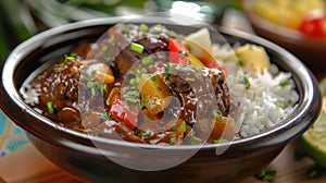 Tender oxtail stew slowcooked in a rich and savory Caribbean sauce served with hot buttered rice photo