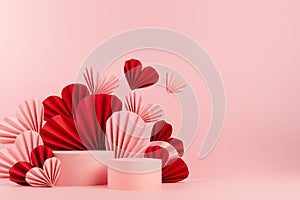 Tender pastel pink stage mockup with two round podiums, fly passion red and pink paper hearts of asian fans in chinese style.