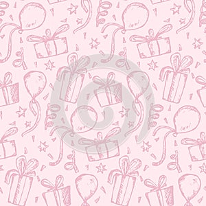 Tender pink pattern with sketch gifts and balloons