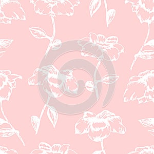 Tender pink pattern with white sketch roses