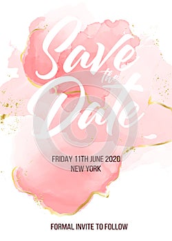 Tender pink save the date card. Wedding invitation lettering with alcohol ink splas. Liquid flow vintage template with golden foil photo