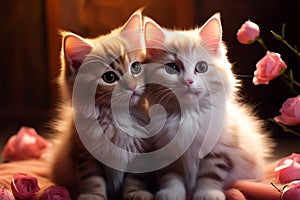 A tender portrayal, two kittens in love, embracing Valentines Day