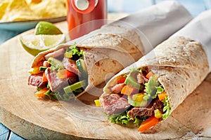 Tender roasted entrecote beef steak wraps