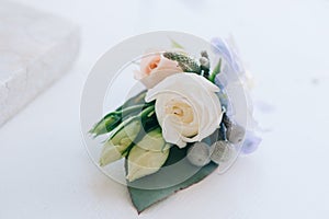 Tender rose and blue flower put in a boutonniere