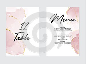 Tender rose violet pastel liquid flow. Watercolor splash, alcohol ink art on wedding template:table number, meny design photo