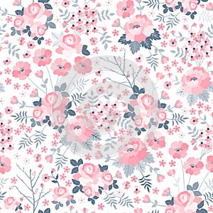 Tender seamless pattern with pink flowers on white background. Ditsy floral illustration.