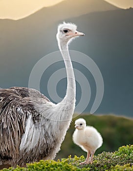 Tender shot of a mother ostrich with her little baby ostrich