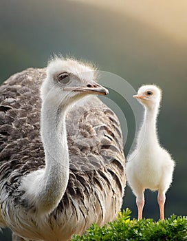 Tender shot of a mother ostrich with her little baby ostrich