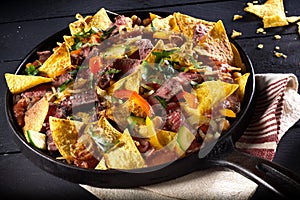 Tender spicy beef entrecote steak with nachos