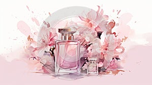 Tender stylish perfume composition, bottles of perfume and flowers, pinkish illustration.