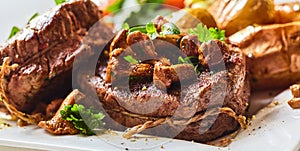 Tender thick rare roasted beef fillet medallions