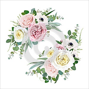 Tender vector floral bouquet design. Blush peach, mauve, pale pink, cream cabbage Rose, ivory white anemone flowers, Eucalyptus