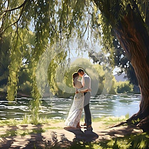 Tender Vow Exchange Beneath a Majestic Willow Tree