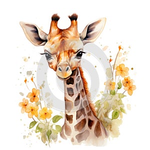 Tender Watercolor Giraffe Calf Stretching to Taste the Topmost Tree Flowers AI Generated