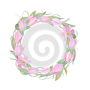 Tender watercolor spring floral wreath.