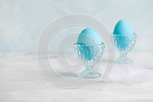 Tender white blue Easter decoration, painted Easter eggs. Copy s