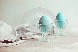 Tender white blue Easter decoration, painted Easter eggs. Copy s