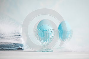 Tender white blue Easter decoration, painted Easter eggs. Copy s