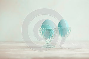 Tender white blue Easter decoration, painted Easter eggs. Copy s