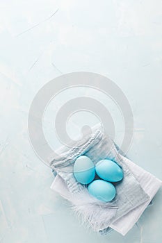 Tender white blue Easter decoration, painted Easter eggs. Copy s