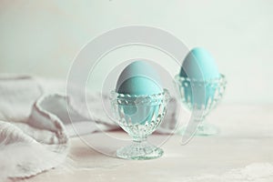 Tender white blue Easter decoration, painted Easter eggs. Copy s