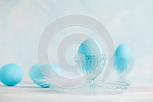 Tender white blue Easter decoration, painted Easter eggs. Copy s