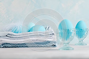 Tender white blue Easter decoration, painted Easter eggs. Copy s