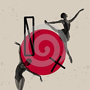 Tenderness. Contemporary art collage of young ballerina performing isolated over gray background with black and red