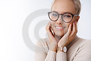 Tenderness, sensuality and love concept. Portrait of happy young bride feeling excited and joyful before wedding