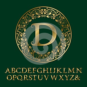 Tendrils gold letters with D initial monogram. Baroque font