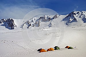 Tents at high altitude. Winter landscape on the mountain. Snow in Erciyes volcano, landmark attraction in Turkey