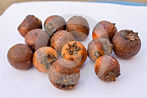 Tendu or Diospyros melanoxylon or Persimmon fruit on white surface.. photo