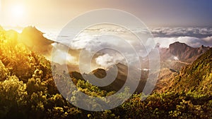 Tenerife. Mountain sunset above the clouds. Panoramic view.