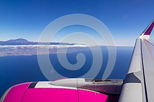 Tenerife - Panoramic airplane view on the volcano mountain peak Pico del Teide on Ternerife, Spain, Europe