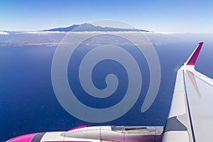 Tenerife - Panoramic airplane view on the volcano mountain peak Pico del Teide on Ternerife, Spain, Europe