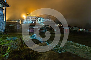 Tengboche buddhist monastery building lights at night, Nepal.