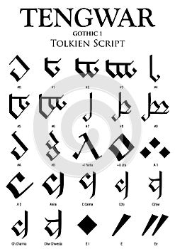 TENGWAR GOTHIC Alphabet 1 - Tolkien Script on white background