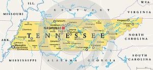 Tennessee, TN, political map, US state, nicknamed The Volunteer State photo