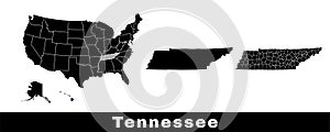 Tennessee state map, USA. Set of Tennessee maps with outline border, counties and US states map. Black and white color