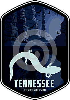 Tennessee vector label with cave salamander in the cave lake
