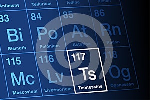 Tennessine on periodic table of the elements, with element symbol Ts