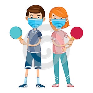 tennis athletes in protective masks in sports uniforms with tennis rackets.man and woman on a white background