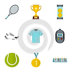 Tennis attributes icons set, flat style